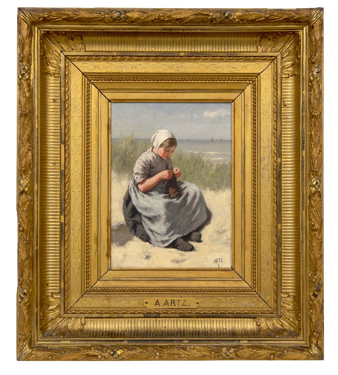 Artz D.A.C.  | David Adolphe Constant Artz | Schilderijen te koop aangeboden | Breiend vissersmeisje in de duinen van Katwijk  (alleen tezamen met pendant), olieverf op paneel 22,5 x 16,3 cm, gesigneerd rechtsonder