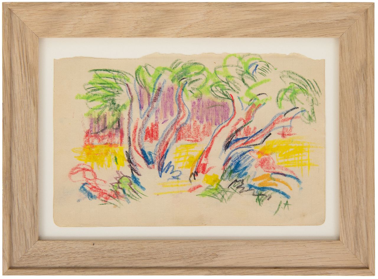 Altink J.  | Jan Altink | Aquarellen en tekeningen te koop aangeboden | Doorkijk tussen bomen, krijt op papier 12,6 x 20,1 cm, gesigneerd rechtsonder met initialen