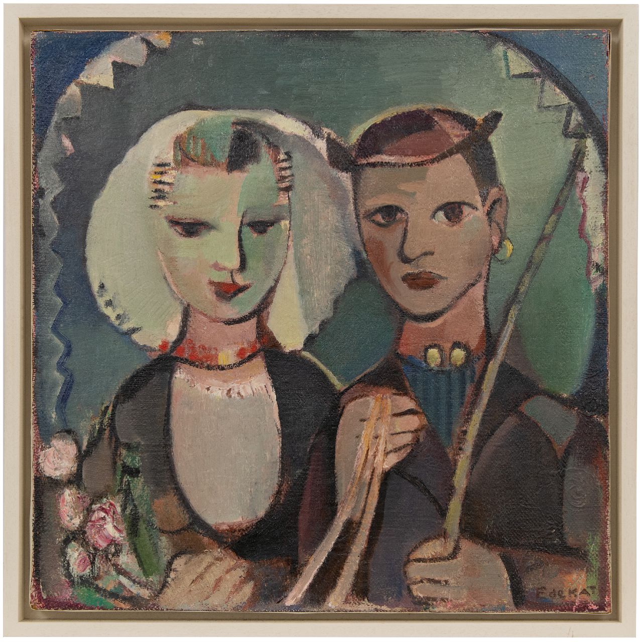 Kat E. de | Ewoud de Kat | Schilderijen te koop aangeboden | Bruiloftskoppel in Zeeuwse dracht, olieverf op doek 60,3 x 60,6 cm, gesigneerd rechtsonder