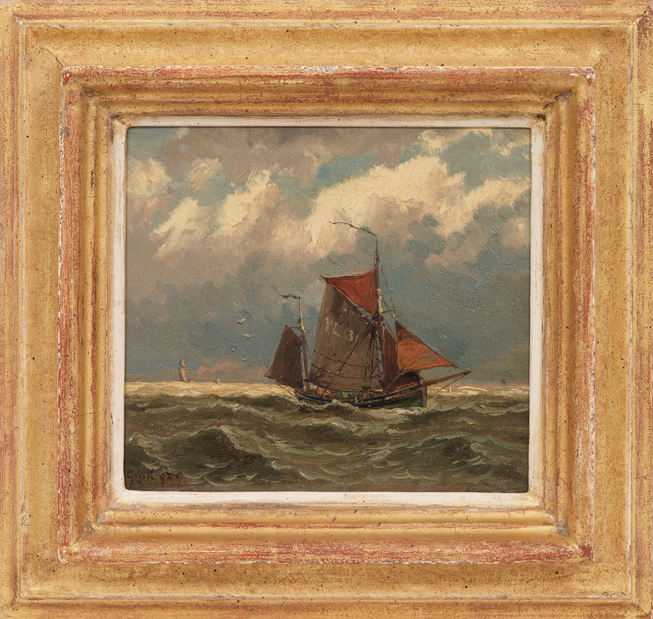 Koekkoek G.J.  | Gerardus Johannes 'Gerard' Koekkoek, Vissersboot op volle zee, olieverf op paneel 14,6 x 16,9 cm, gesigneerd linksonder met initialen en gedateerd '92