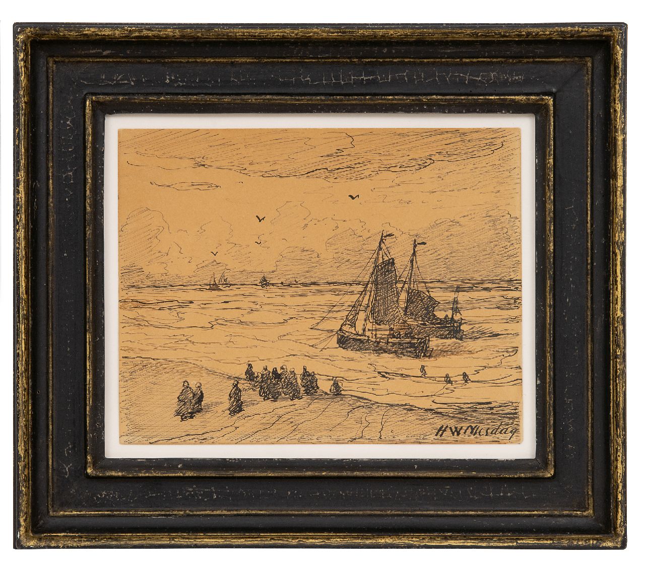 Mesdag H.W.  | Hendrik Willem Mesdag, Aanmerende bomschuiten, Scheveningen, pen en inkt op papier 11,4 x 14,5 cm, gesigneerd rechtsonder en verso gedateerd 3 Nov 1894