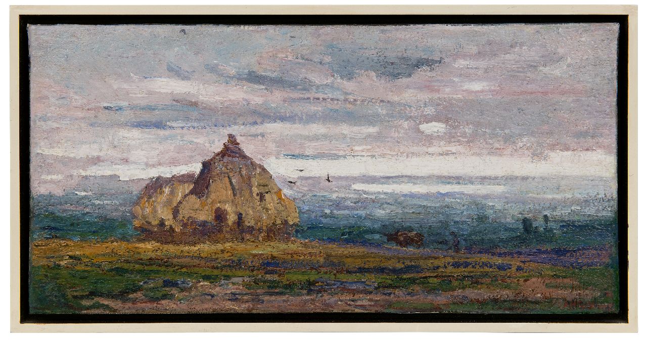Gouwe A.H.  | Adriaan Herman Gouwe, Panoramisch landschap met hooiruiters, olieverf op doek 22,3 x 45,5 cm, gesigneerd rechtsonder en gedateerd '14