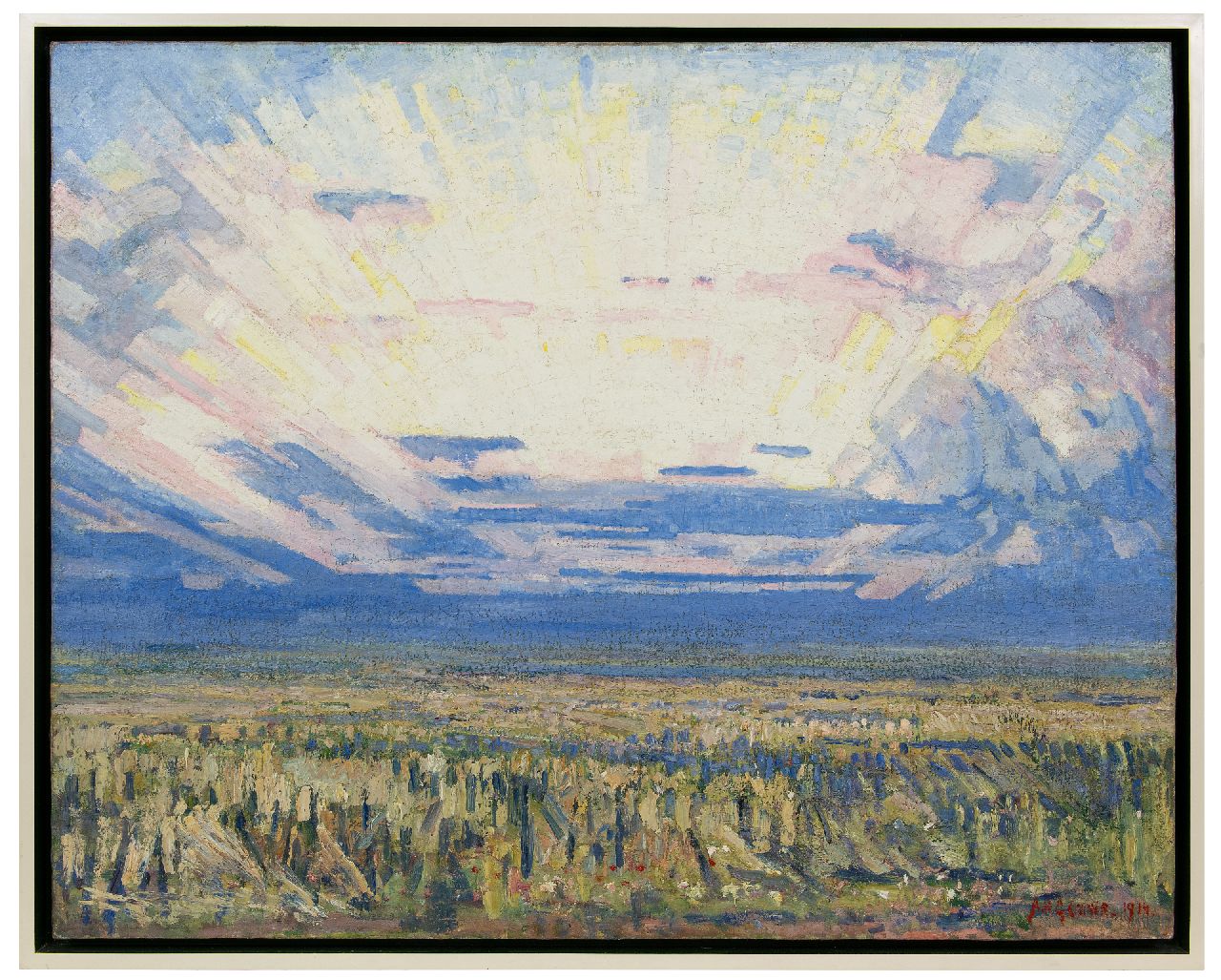 Gouwe A.H.  | Adriaan Herman Gouwe | Schilderijen te koop aangeboden | Landschap bij zonsopgang, olieverf op doek 79,8 x 99,5 cm, gesigneerd rechtsonder en gedateerd 1914