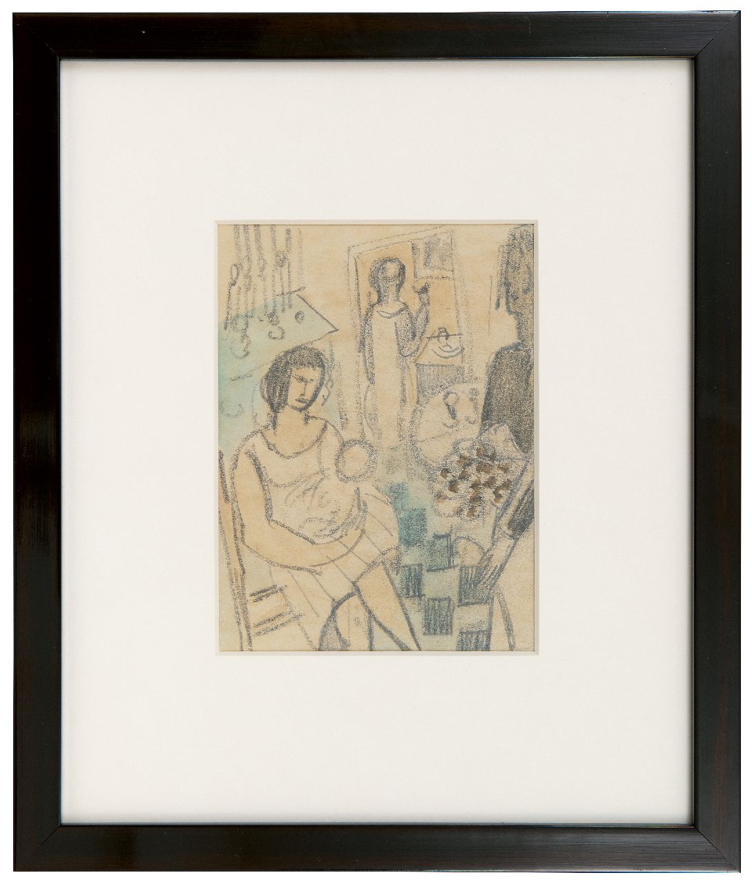 Rees O. van | Otto van Rees | Aquarellen en tekeningen te koop aangeboden | Interieur met figuren, potlood, krijt en aquarel op papier 15,0 x 11,0 cm, te dateren 1926