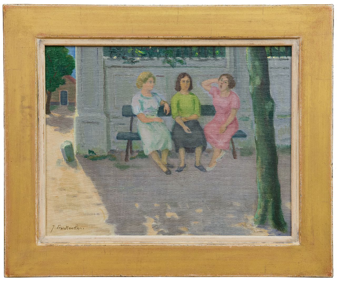 Franken J.P.J.  | Joannes Petrus Josephus 'Jan' Franken, Drie vrouwen op een bank, olieverf op doek 35,4 x 45,2 cm, gesigneerd linksonder
