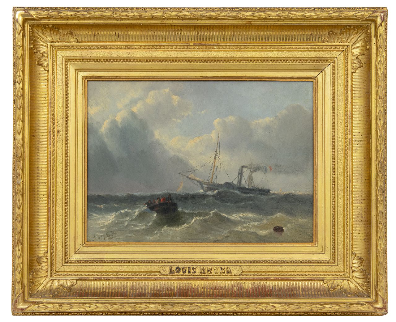 Meijer J.H.L.  | Johan Hendrik 'Louis' Meijer, Zeegezicht met een Frans stoomraderschip en sloep, olieverf op paneel 24,5 x 33,5 cm, gesigneerd linksonder