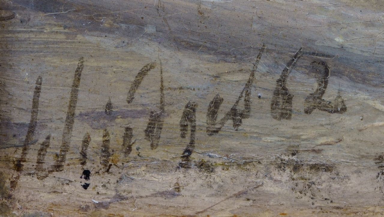 Petrus Paulus Schiedges signaturen Het strand van Scheveningen met badkoetsen, vissersvolk en bomschuiten