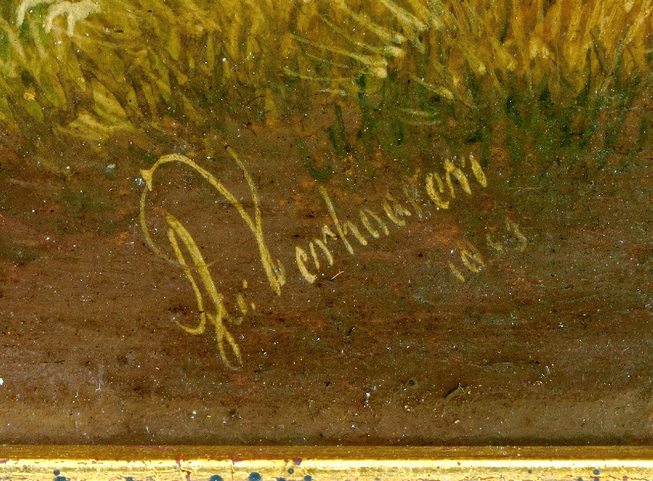 Albertus Verhoesen signaturen Koe en haar kalf in een weidelandschap