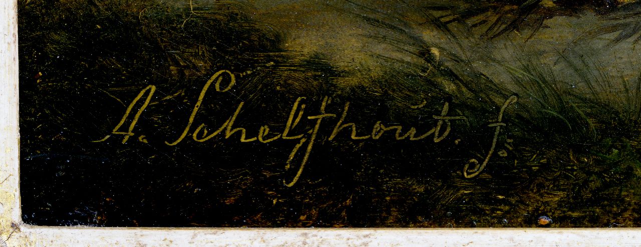 Andreas Schelfhout signaturen Boslandschap met figuren bij een riviertje (pendant van winterlandschap)