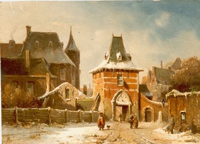 Adrianus Eversen | Stadspoort in de sneeuw, olieverf op paneel, 14,9 x 20,5 cm, gesigneerd l.o.