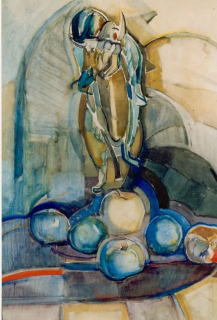Kruyder H.J.  | Stilleven van zonnebloemen en appels, aquarel op papier 61,5 x 43,5 cm, gesigneerd l.o.