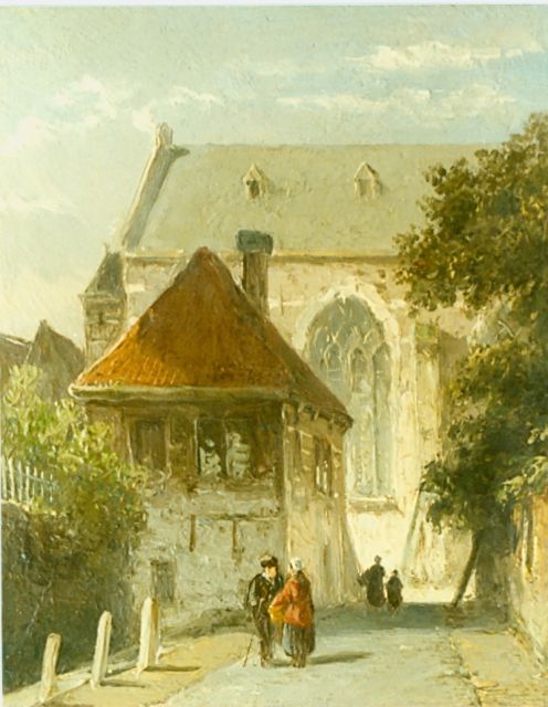 Adrianus Eversen | Stadsgezicht met kerk op achtergrond, olieverf op paneel, 12,9 x 10,9 cm, gesigneerd l.o.