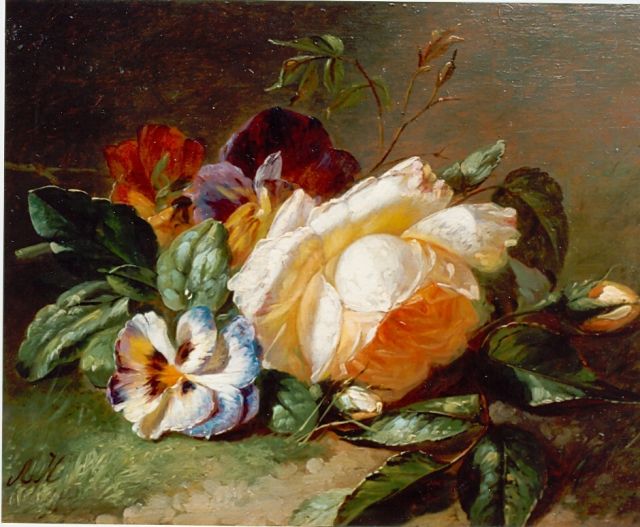 Adriana Haanen | Witte roos en viooltjes op de bosrand, olieverf op paneel, 19,6 x 24,7 cm, gesigneerd l.o.