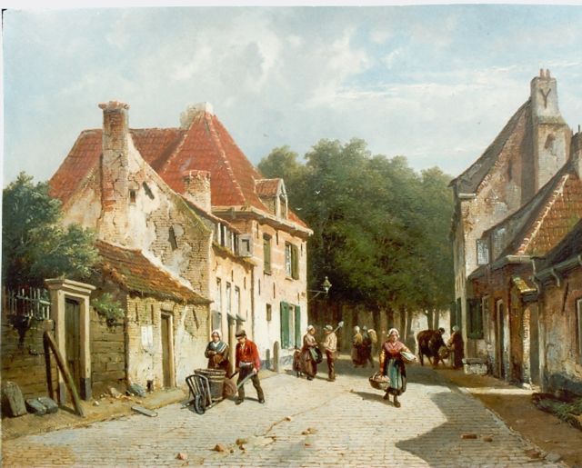 Adrianus Eversen | Zonovergoten Hollands dorpje, olieverf op paneel, 33,0 x 43,7 cm, gesigneerd r.o.