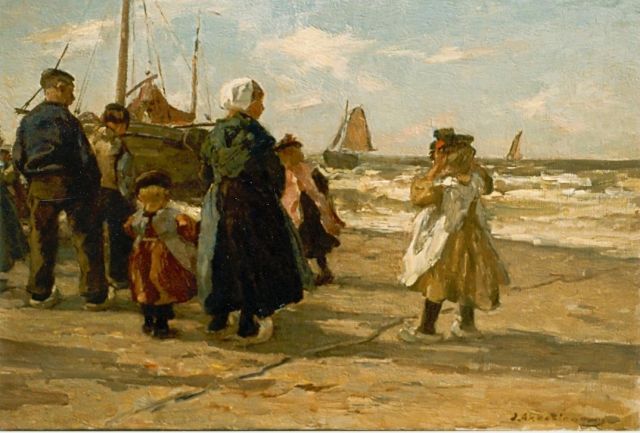 Johannes Evert Akkeringa | Vissers op het strand, olieverf op doek, 33,0 x 46,0 cm, gesigneerd r.o.
