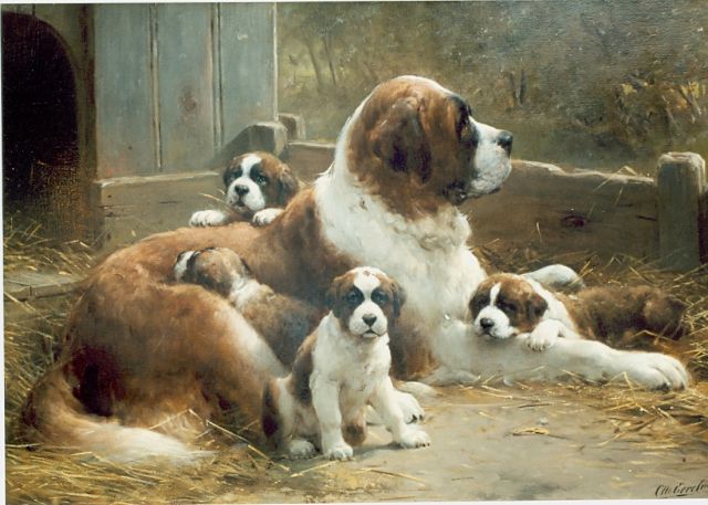 Eerelman O.  | St.Bernard met haar puppies, olieverf op doek 90,0 x 130,0 cm, gesigneerd r.o.