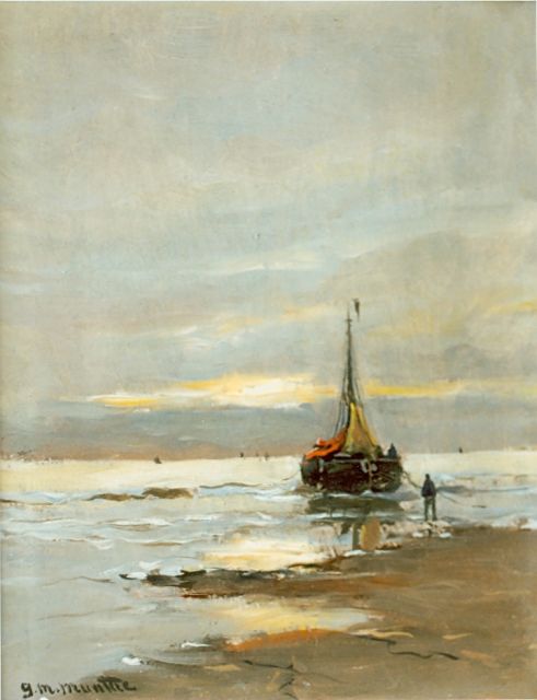 Morgenstjerne Munthe | Bomschuit op het strand, olieverf op schildersboard, 20,4 x 15,4 cm, gesigneerd l.o.
