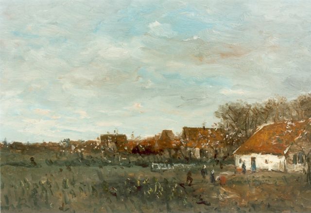 Mesdag H.W.  | Figuren in moestuin bij boerderij, olieverf op doek op paneel 22,0 x 36,0 cm