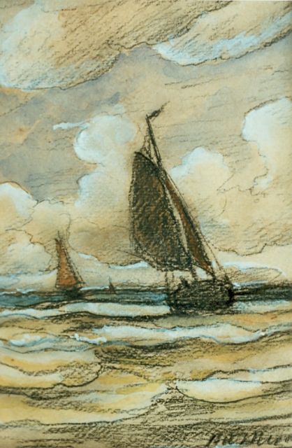 Hendrik Willem Mesdag | Boten op zee, gemengde techniek op papier, 15,5 x 20,0 cm, gesigneerd r.o.