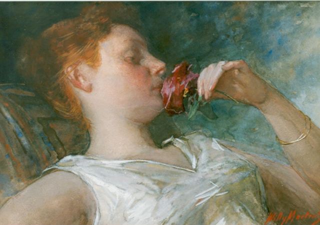 Willy Martens | Jonge vrouw ruikend aan een roos, aquarel op papier, 31,5 x 45,0 cm, gesigneerd r.o.