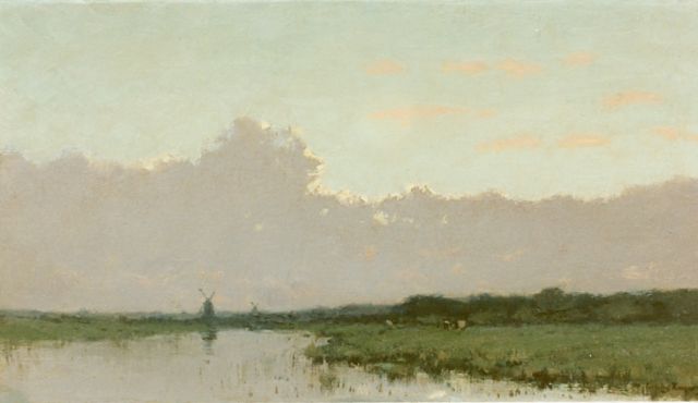 Cornelis Kuijpers | Rivierlandschap met molens, olieverf op doek, 21,0 x 39,0 cm