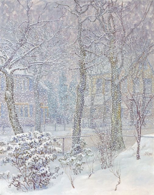 Jakob Nieweg | Het sneeuwt, olieverf op doek, 49,5 x 39,8 cm, gesigneerd r.o.