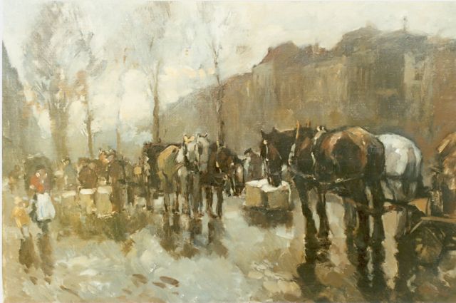 Cor Noltee | Gestationeerde paarden in de stad, olieverf op doek, 50,5 x 70,0 cm, gesigneerd r.o.