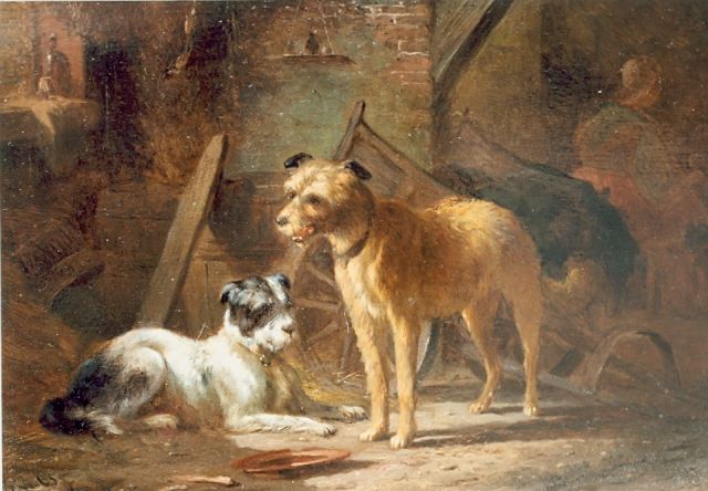 Os P.F. van | Twee honden bij een kar, olieverf op paneel 18,9 x 27,0 cm, gesigneerd l.o.
