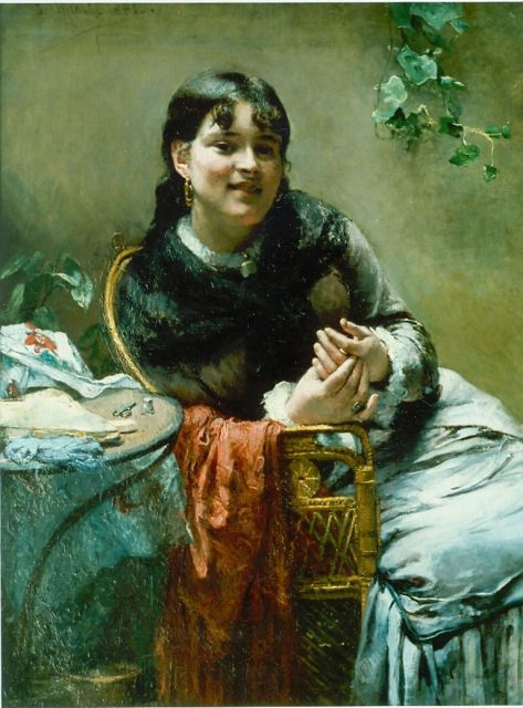 Pieter Oyens | Zittend meisje met haar borduurwerk, olieverf op doek, 76,0 x 100,5 cm, gesigneerd l.b.