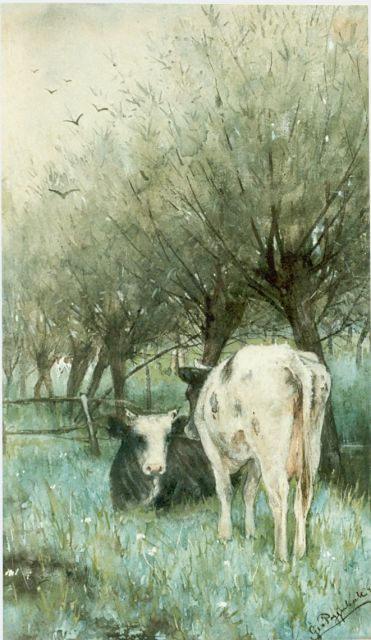 Poggenbeek G.J.H.  | Kalfjes bij knotwilg, aquarel op papier 37,0 x 22,0 cm, gesigneerd r.o. en gedateerd '79