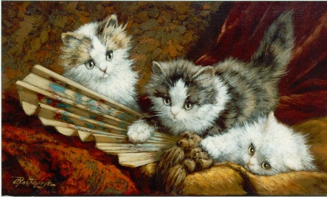 Raaphorst C.  | Drie katjes spelen met een waaier, olieverf op doek 20,0 x 35,0 cm, gesigneerd l.o.