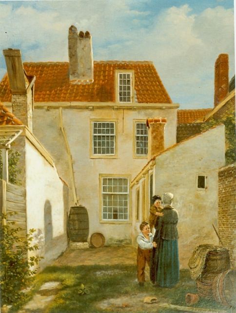 Bart van Hove | Moeder met twee kinderen op achterplaats, olieverf op paneel, 29,0 x 23,0 cm, gesigneerd r.o.