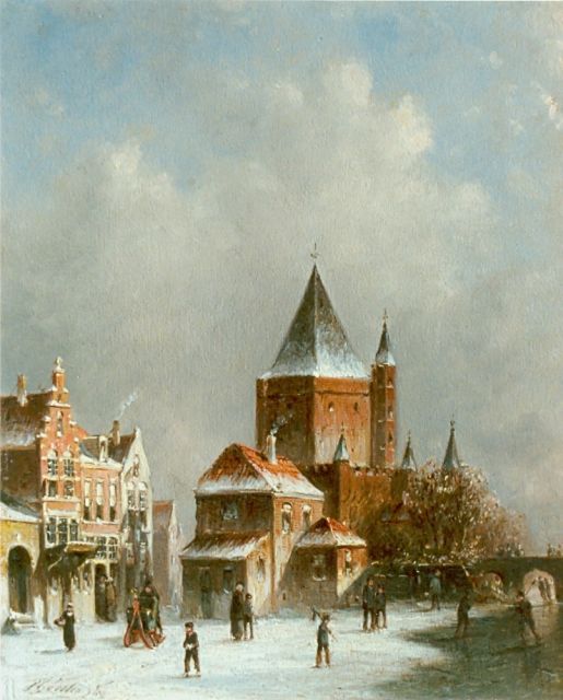 Petrus Gerardus Vertin | Stadsgezicht met bevroren stadsgracht, olieverf op paneel, 25,0 x 20,8 cm, gesigneerd l.o.