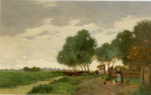 Ben Viegers | Polderlandschap met boerin en boerderij, olieverf op doek, 37,1 x 59,5 cm, gesigneerd r.o.