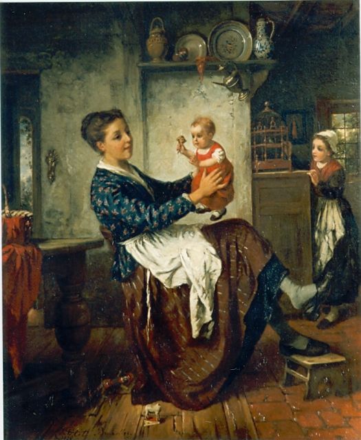 Vaarberg J.C.  | Interieur met moeder en baby, olieverf op paneel 35,5 x 28,0 cm, gesigneerd l.o.
