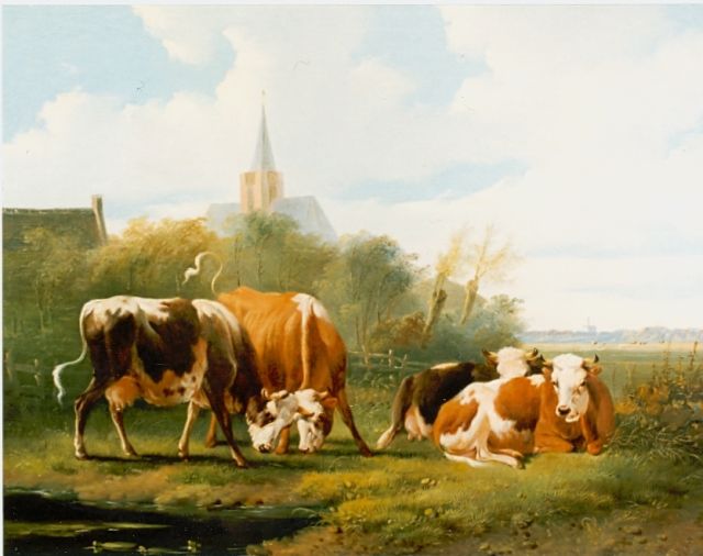 Verhoesen A.  | Koeien in een landschap, olieverf op paneel 26,0 x 34,5 cm, gesigneerd r.o.