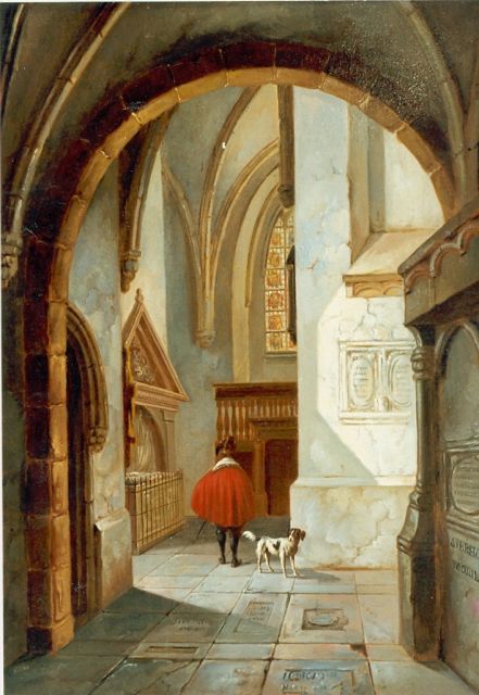 Albertus Verhoesen | Kerkinterieur met man en hond, olieverf op paneel, 33,8 x 26,0 cm, gesigneerd r.o. en gedateerd 1859