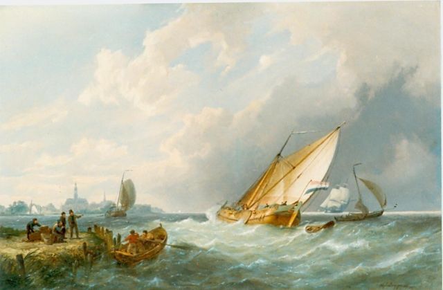 Pieter Cornelis  Dommershuijzen | Zeilboten langs de Hollandse kust, olieverf op paneel, 40,8 x 61,0 cm, gesigneerd r.o. en gedateerd 1871