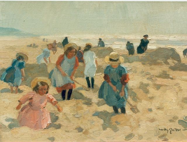 Sluiter J.W.  | Spelende kinderen op het strand, olieverf op doek 26,5 x 36,3 cm, gesigneerd r.o.
