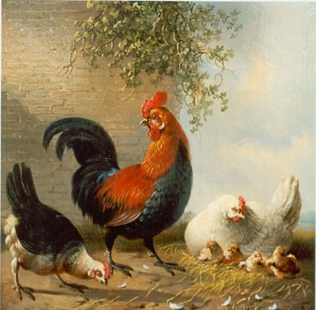 Verhoesen A.  | Haan en kip met kuikens op een erf, olieverf op paneel 16,5 x 16,5 cm, gesigneerd r.o. en gedateerd 1858