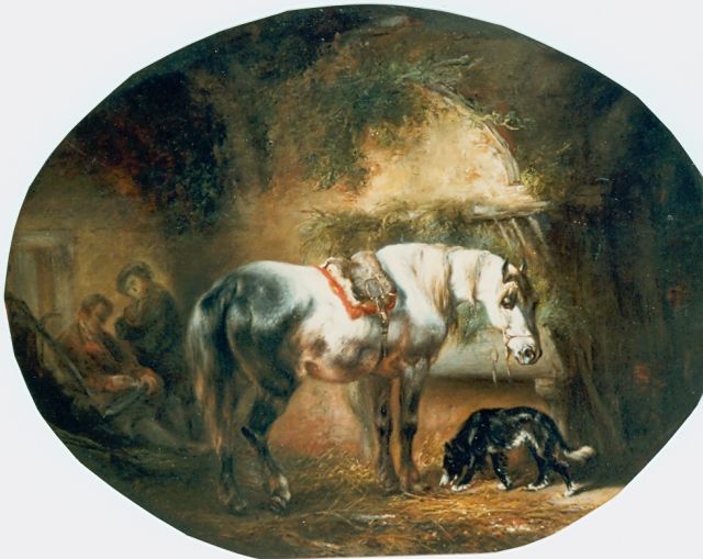 Verschuur W.  | Paard en hond in stal, olieverf op paneel 30,6 x 39,0 cm, gesigneerd l.o. en gedateerd 1845