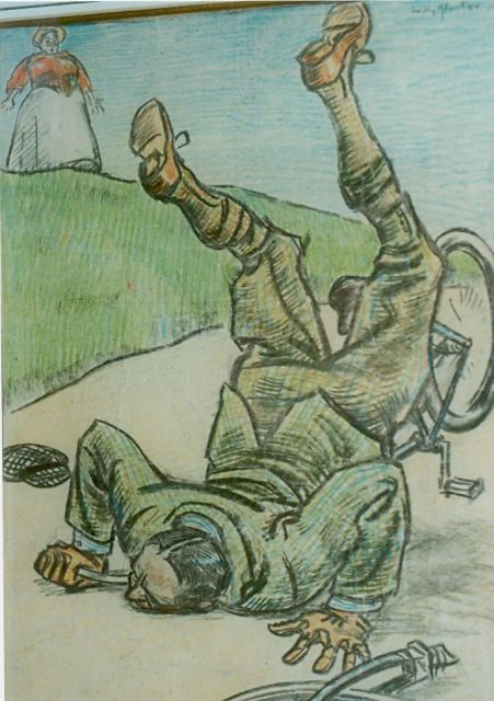 Sluiter J.W.  | De concurrent op zijn bek, krijt op papier 41,0 x 32,0 cm, gesigneerd r.b. en Gedateerd 1916