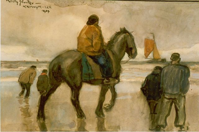 Sluiter J.W.  | Ruiter en wandelaars op het strand, aquarel op papier 35,0 x 55,0 cm, gesigneerd l.b. en Gedateerd 1909