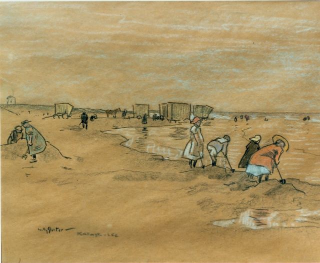 Willy Sluiter | Kinderen op het strand, tekening op papier, 30,5 x 37,5 cm, gesigneerd l.o.