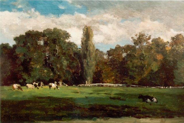 Willem Roelofs | Weiland met koeien in Voorn, Utrecht, olieverf op doek op paneel, 25,7 x 40,5 cm, gesigneerd l.o.