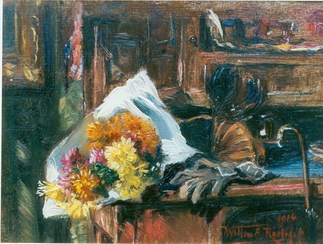 Willem Elisa Roelofs jr. | Stilleven met chrysanten en handschoenen, olieverf op doek op paneel, 13,0 x 18,0 cm, gesigneerd r.o. en gedateerd 1914
