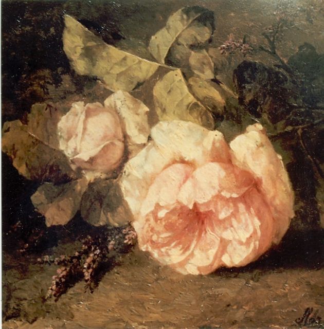 Margaretha Roosenboom | Een takje roze rozen op de bosgrond, olieverf op paneel, 22,0 x 30,0 cm, gesigneerd r.o.