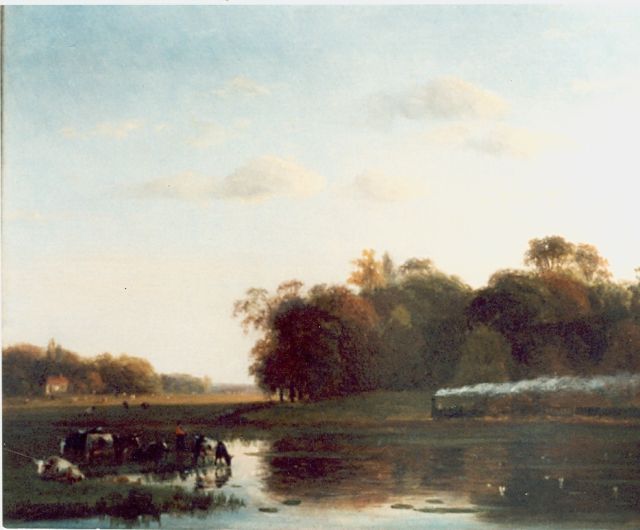 Nicolaas Roosenboom | Landschap met stoomtrein, olieverf op paneel, 35,5 x 29,5 cm, gesigneerd l.o.