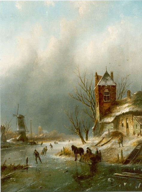 Jacob Jan Coenraad Spohler | Winterlandschap met schaatsers op rivier, olieverf op doek, 43,8 x 34,7 cm, gesigneerd l.o.