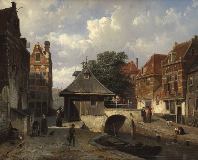 Cornelis Springer | Gezicht op de Vischbrug te Woerden, olieverf op paneel, 34,2 x 42,0 cm, gesigneerd l.o. en gedateerd '54